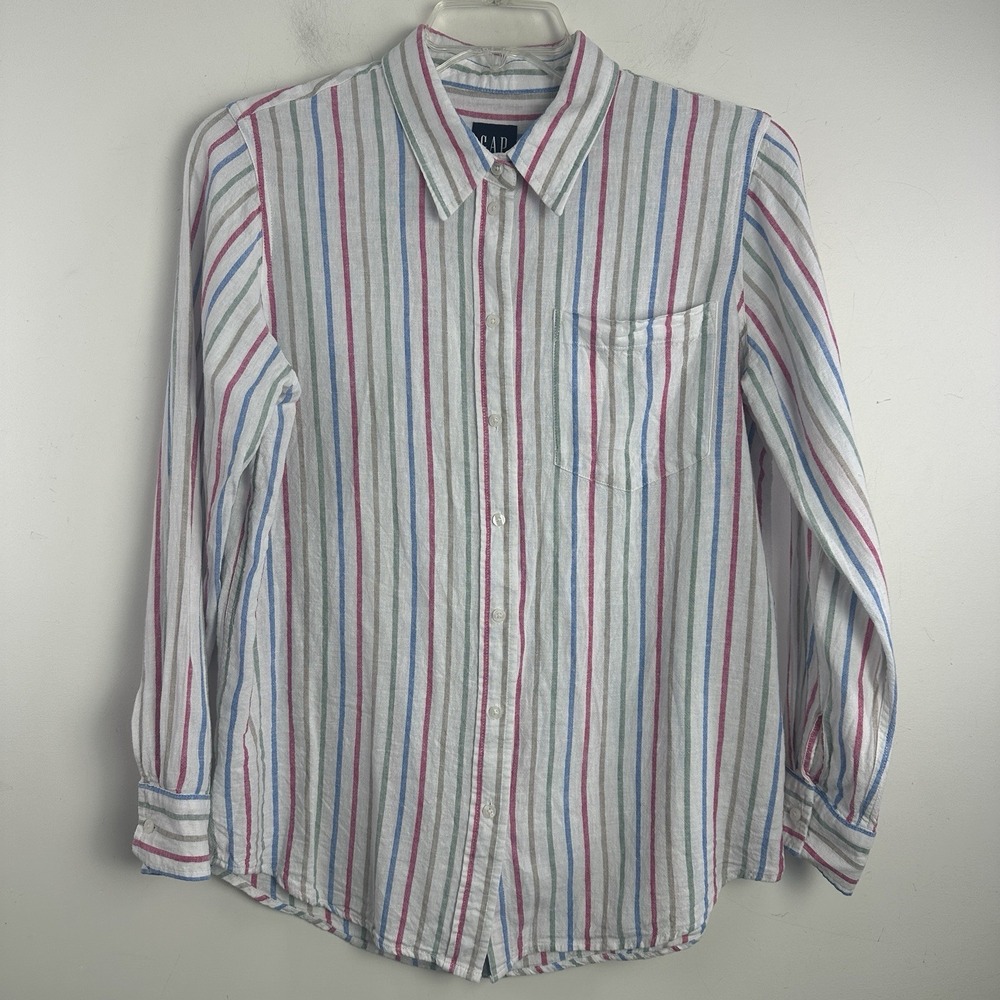 Gap Striped Linen‎ Blend Button Up Shirt Size Womens Medium Preppy